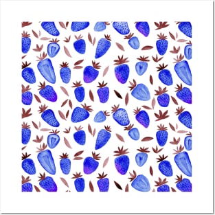 Watercolor strawberries pattern - blue Posters and Art